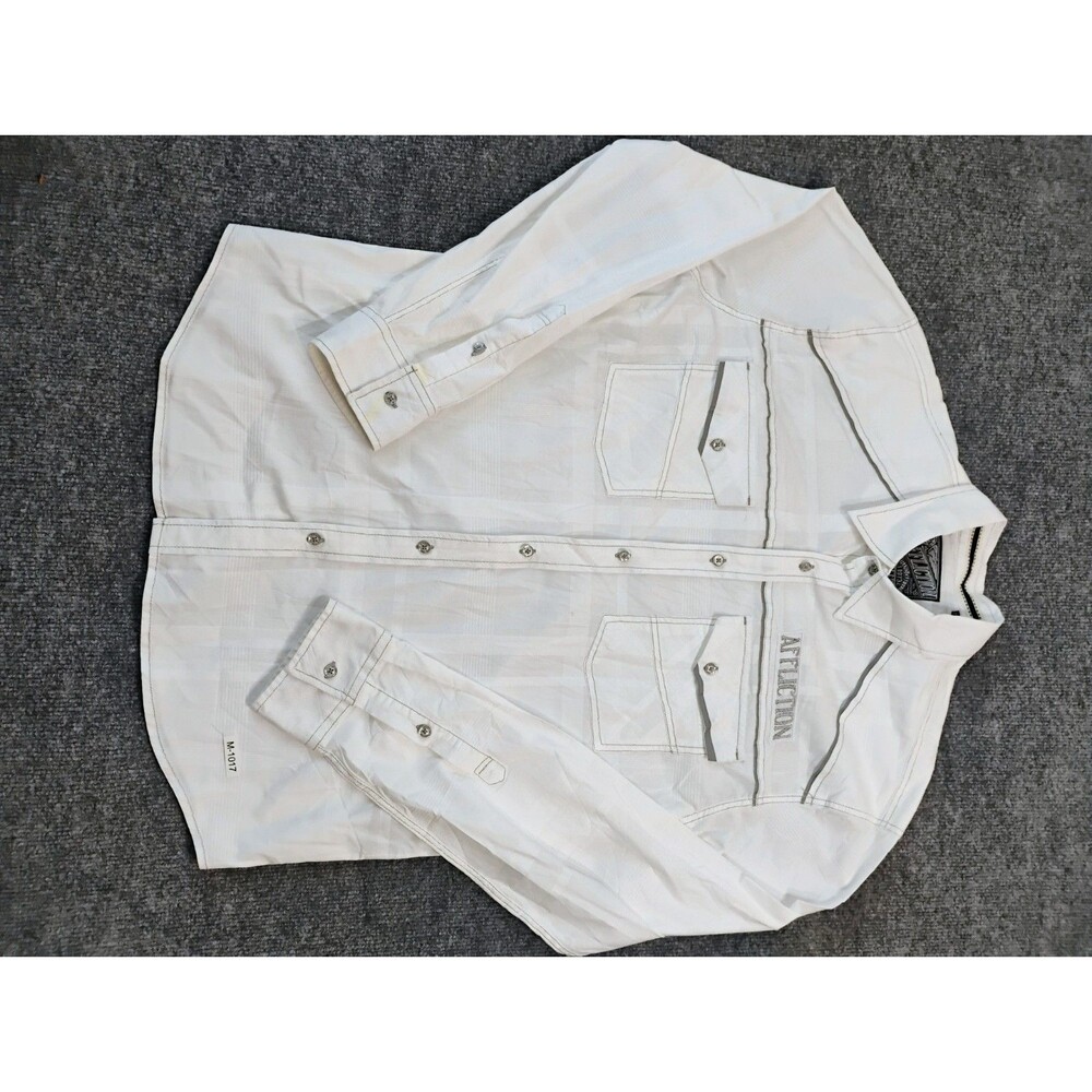 Affliction Black Premium White Plaid Snap Button Shirt Mens XL (small stain)